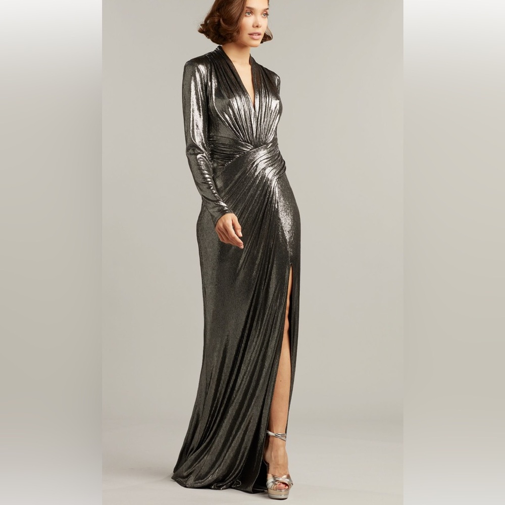 TADASH shoji metallic gray gown
